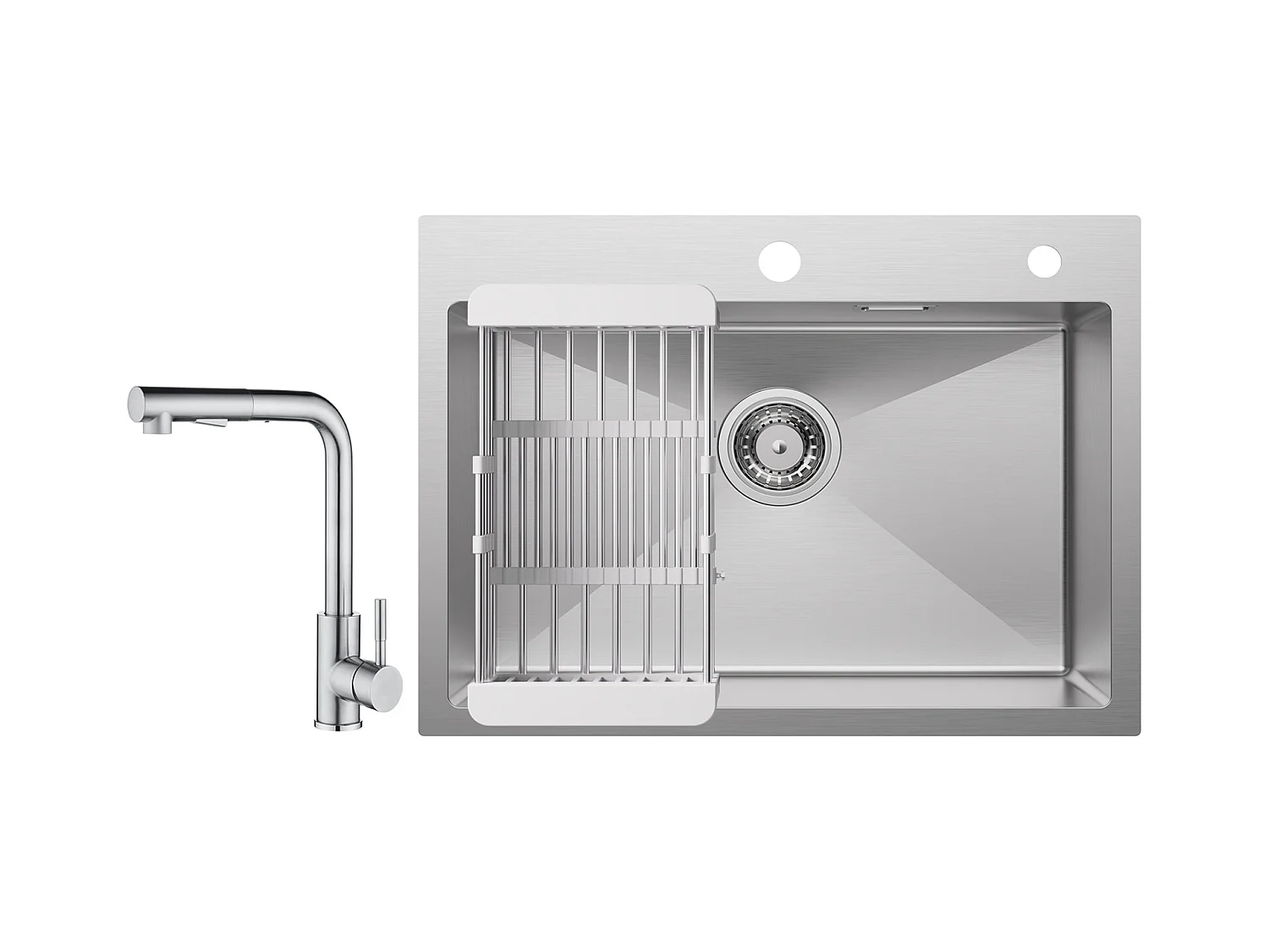 Cecipa max Évier 1 Bac 60×45×18CM Évier Inox Brossé avec Panier de Drainage + Mitigeur Cuisine avec Douchette Extractible - 2 Jets aux Choix - Brossé