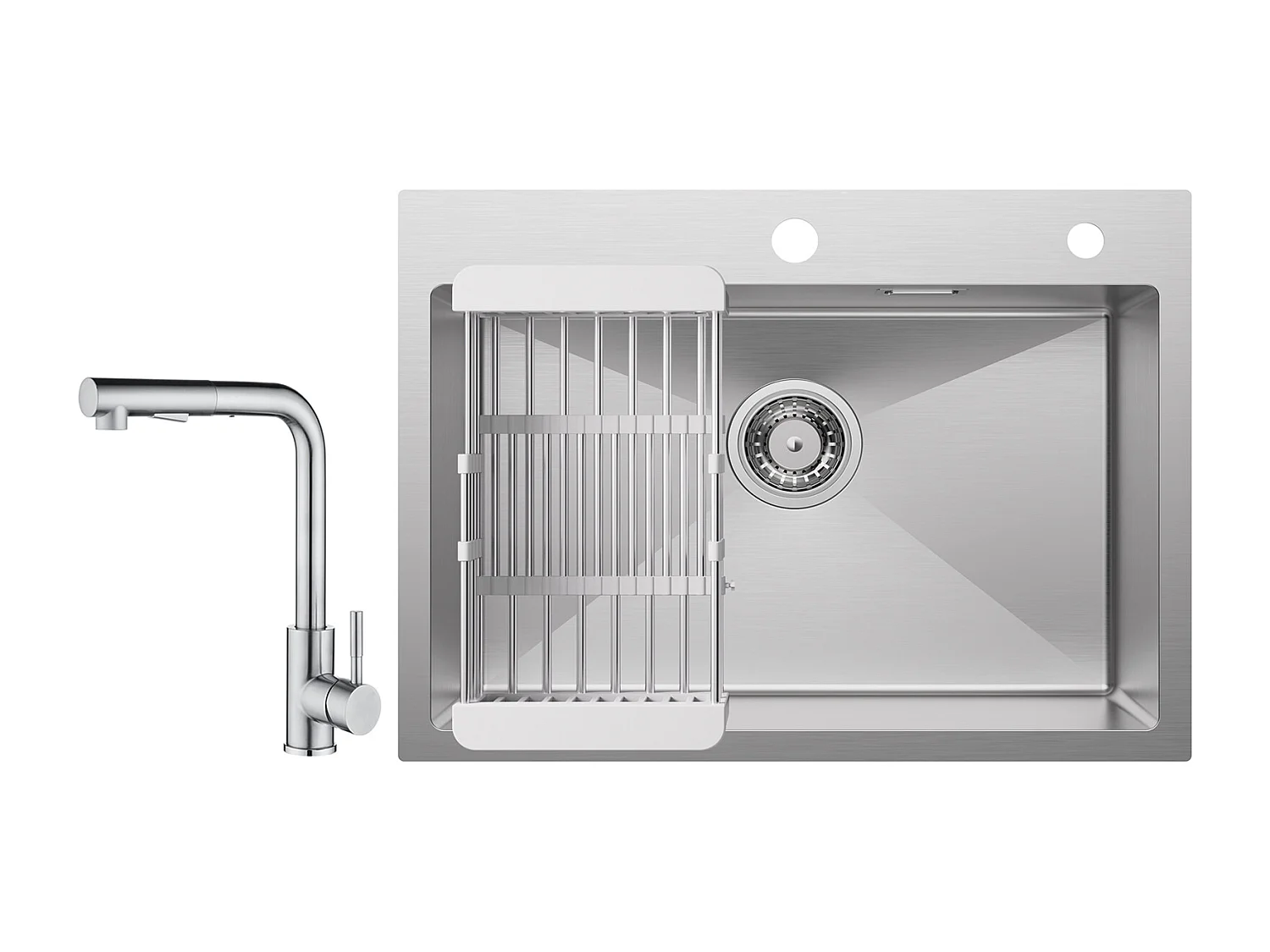 Cecipa max Évier 1 Bac 60×45×18CM Évier Inox Brossé avec Panier de Drainage + Mitigeur Cuisine avec Douchette Extractible - 2 Jets aux Choix - Brossé
