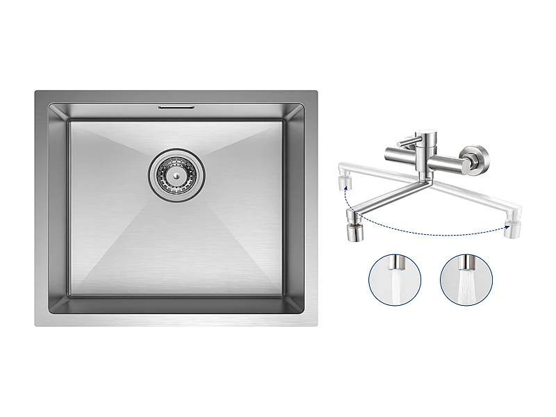 CECIPA MAX Évier de Cuisine 1 Bac Brossé Évier Inox 50*44CM + Mitigeur de Cuisine Mural avec 2 Jets Brossé