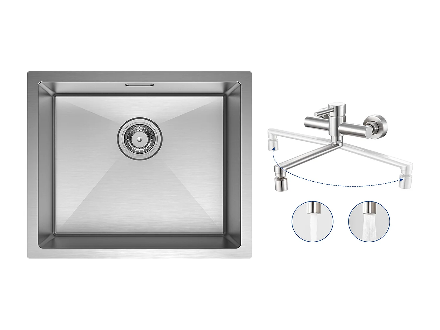 CECIPA MAX Fregadero de Cocina Fregadero de Acero Inoxidable Cepillado de 1 Seno 50 * 44 CM + Mezclador de Cocina de Pared con 2 Jets Cepillados