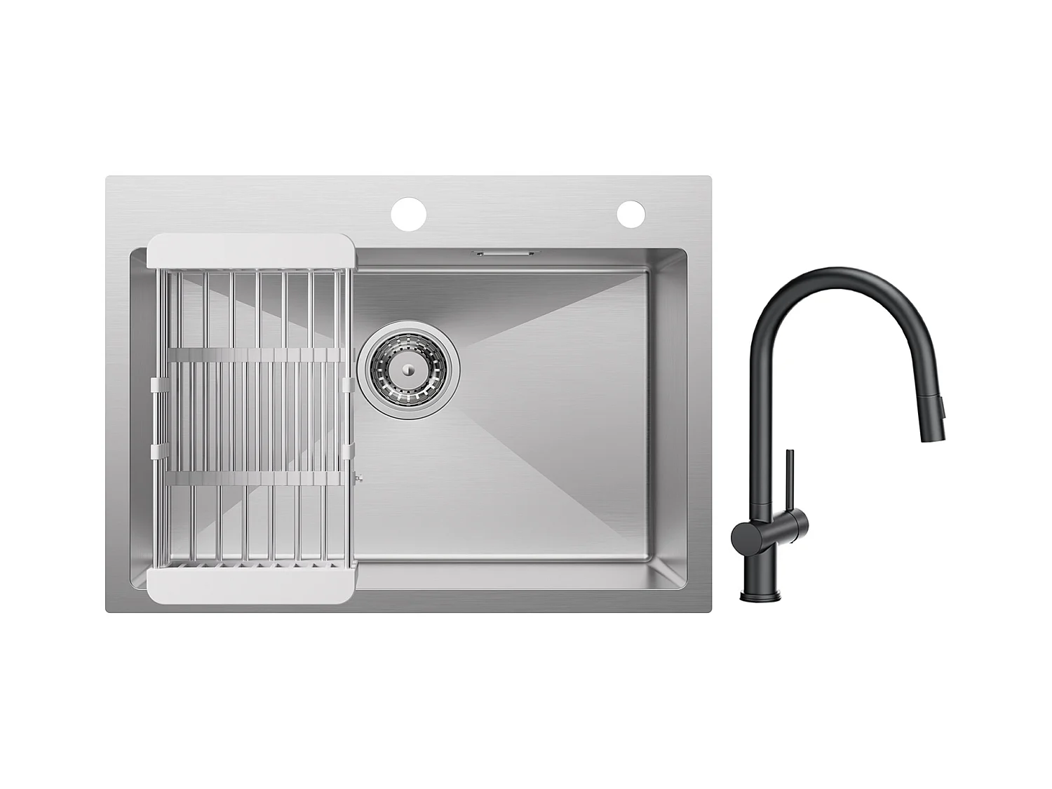 Cecipa max Évier Cuisine 1 Bac 60×45×18CM Évier Inox Brossé avec Panier de Drainage + Mitigeur avec Douchette Extractible avec 2 Types de Jet Noir