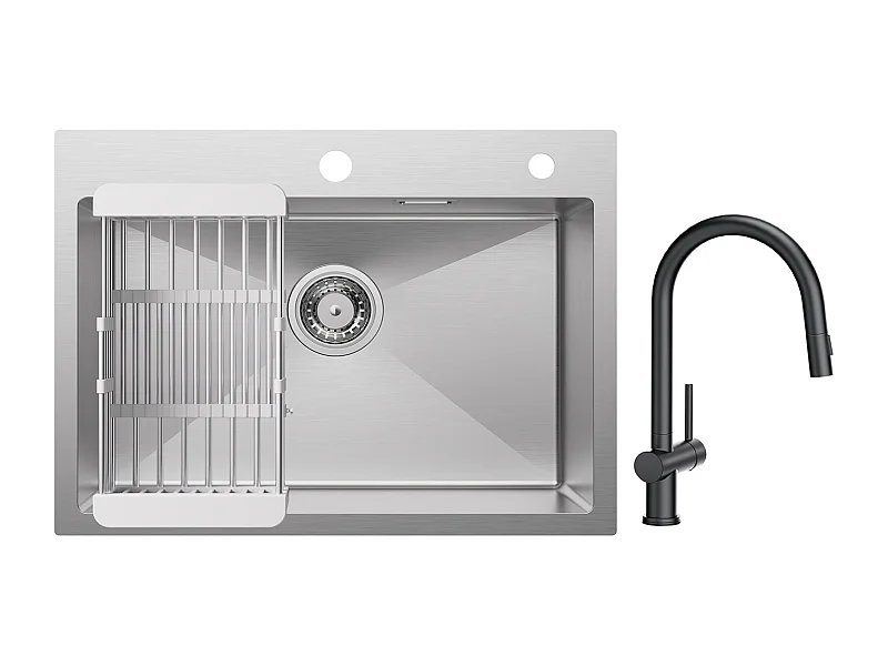 Cecipa max Évier Cuisine 1 Bac 60×45×18CM Évier Inox Brossé avec Panier de Drainage + Mitigeur avec Douchette Extractible avec 2 Types de Jet Noir