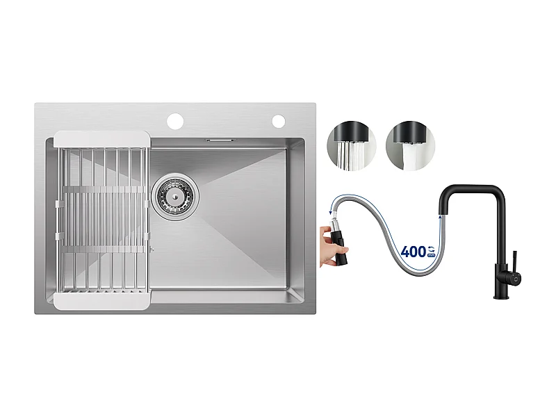 Fregadero de cocina de 1 seno 60×45×18CM Fregadero de acero inoxidable cepillado con escurridor + grifo monomando con ducha extraíble, negro