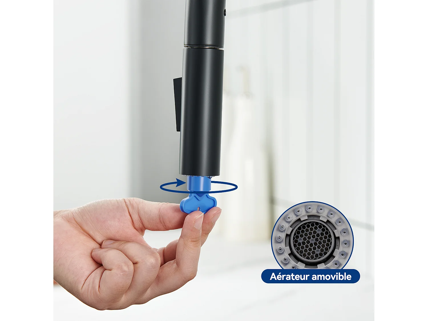 Fregadero de cocina de 1 seno 60×45×18CM Fregadero de acero inoxidable cepillado con escurridor + grifo monomando con ducha extraíble, negro