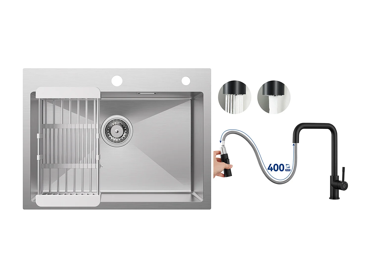 Évier Cuisine 1 Bac 60×45×18CM Évier Inox Brossé avec Panier de Drainage + Mitigeur avec Douchette Extractible, Noir