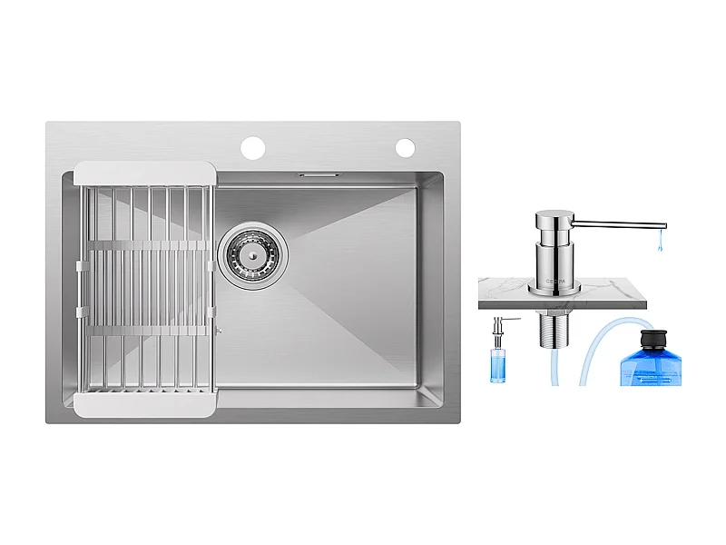 Cecipa MAX Évier Cuisine 1 Bac 60×45×18CM Évier Inox Brossé avec Panier de Drainage + 300ML Distributeur de Savon de Cuisine Chromé