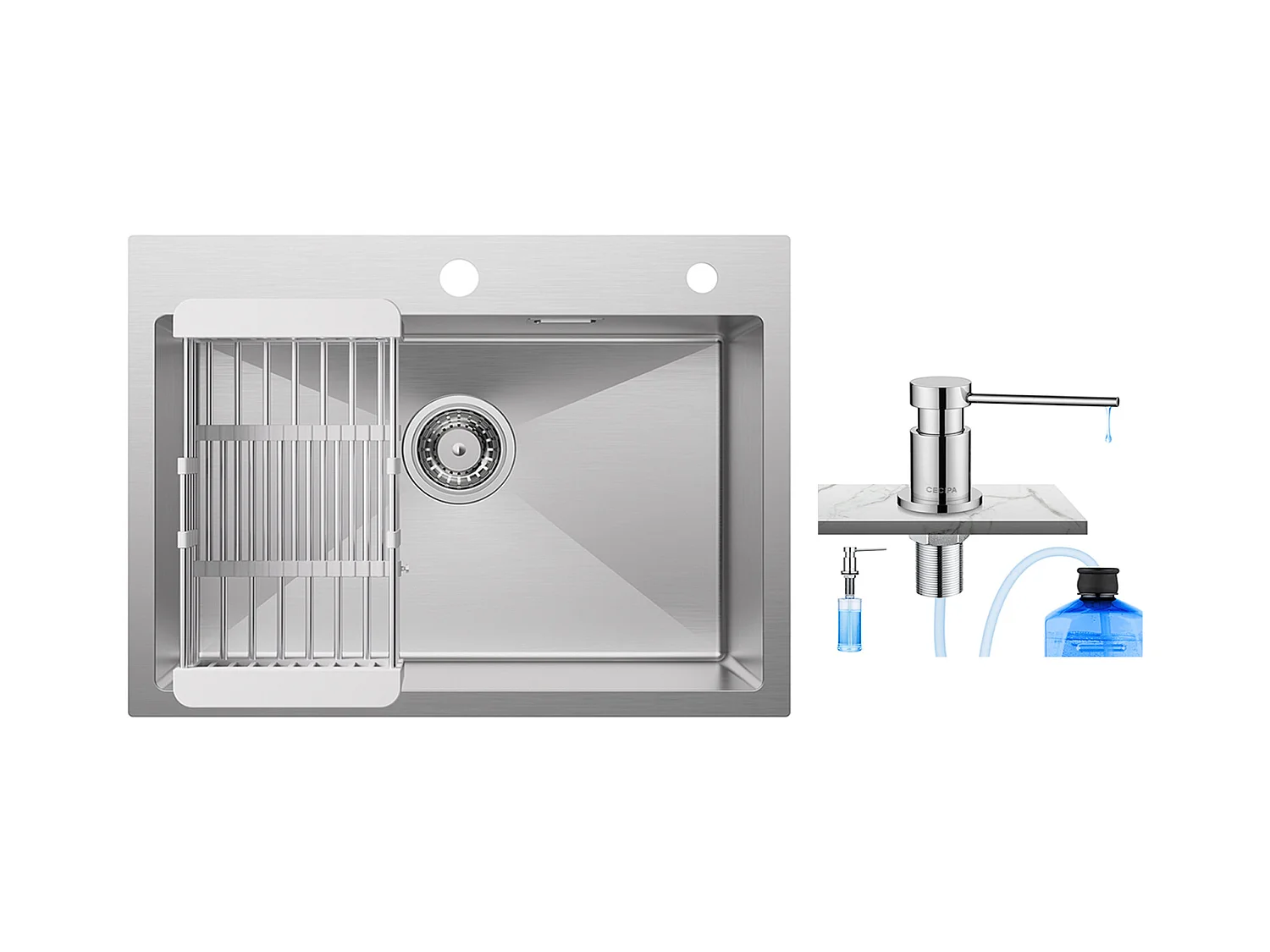 Cecipa MAX Évier Cuisine 1 Bac 60×45×18CM Évier Inox Brossé avec Panier de Drainage + 300ML Distributeur de Savon de Cuisine Chromé