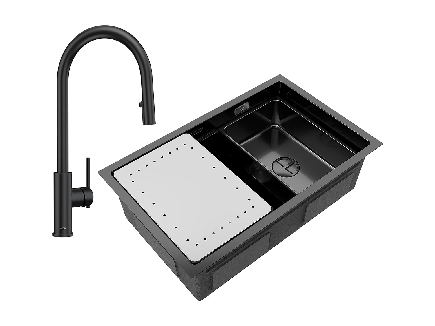 CECIPA MAX 1 spoelbak 70×44CM zwarte spoelbak met afdruiprek en wastafel + keukenmengkraan met uittrekbare spray, 2 wateruitlaatmodi, zwart