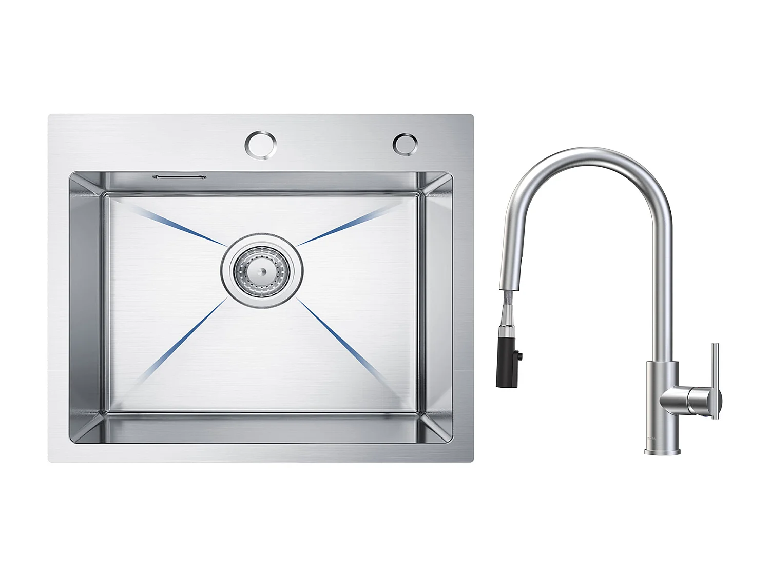 Évier Inox Évier Cuisine 1 Bac 50 × 45 cm Évier de Cuisine Brossé + Mitigeur de Cuisine Avec Douchette Extractible, 2 Modes de Sortie D'eau, Brossé