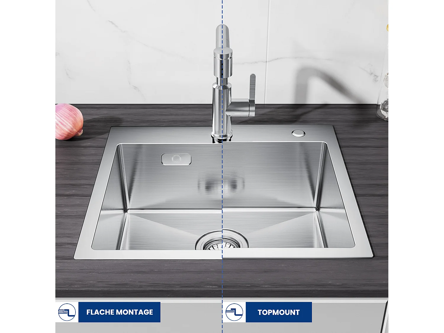 Évier Inox Évier Cuisine 1 Bac 50 × 45 cm Évier de Cuisine Brossé + Mitigeur de Cuisine Avec Douchette Extractible, 2 Modes de Sortie D'eau, Brossé