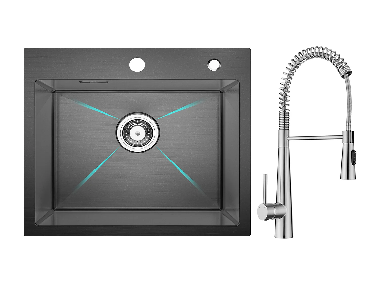 Cecipa max Évier Inox Évier 1 Bac 50×45 cm Évier de Cuisine en Nanomètres Noir + Mitigeur de Cuisine à Ressort avec 3 Modes de Sortie D'eau, Brossé