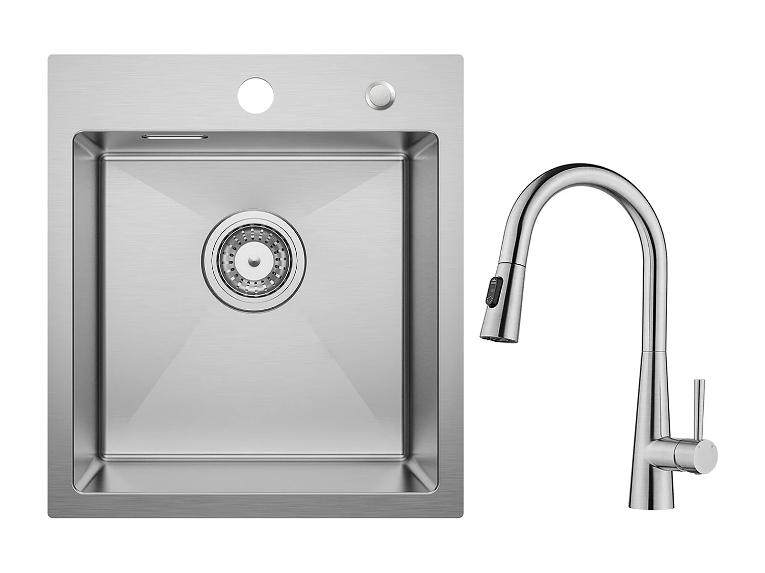 Cecipa max Évier 1 Bac 40 × 45 cm Évier Inox Évier Encastré Brossé + Mitigeur de Cuisine avec Douchette Extractible, 3 Modes de Sortie D'eau, Brossé