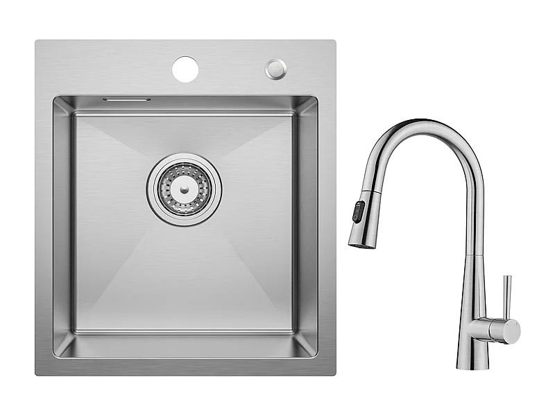 Cecipa max Évier 1 Bac 40 × 45 cm Évier Inox Évier Encastré Brossé + Mitigeur de Cuisine avec Douchette Extractible, 3 Modes de Sortie D'eau, Brossé