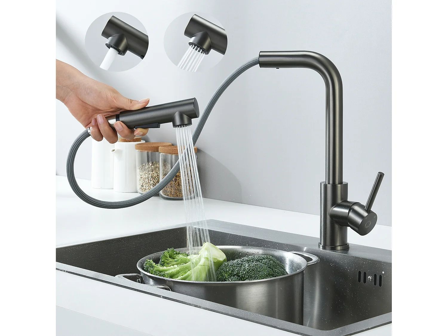 Evier Cuisine 1 Bac Noir Anthracite 40*45*19CM - Évier Inox Évier de Cuisine + Mitigeur Cuisine Avec Douchette Extractible