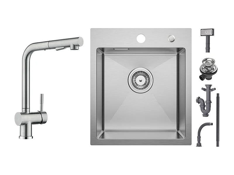 Cecipa max 1 wastafel 40 x 45 cm spoelbak van geborsteld roestvrij staal 1 bak + keukenkraan geborsteld met mengsproeier uittrekbare spoelbaksproeier met 2 jets