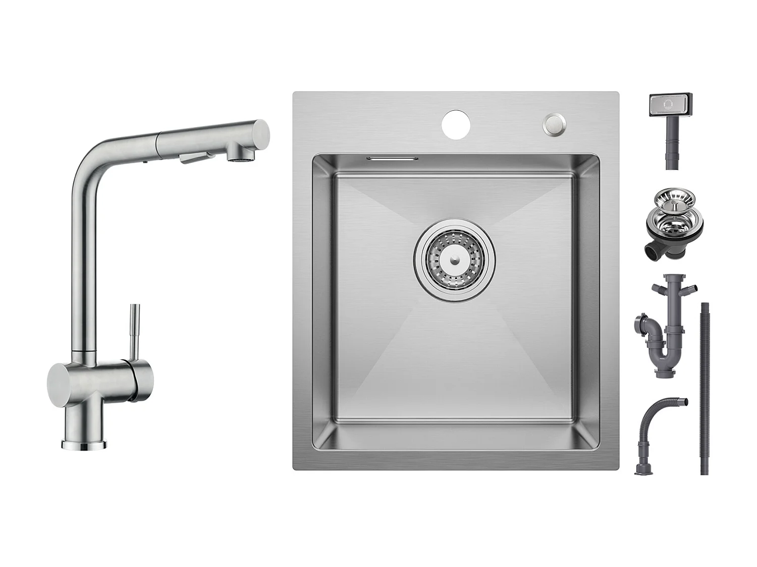 Cecipa max Évier 1 Bac 40 × 45 cm Évier Inox Brossé 1 Cuve + Robinet Cuisine Brossé avec Douchette Mitigeur Douchette d'évier Extractible à 2 Jets