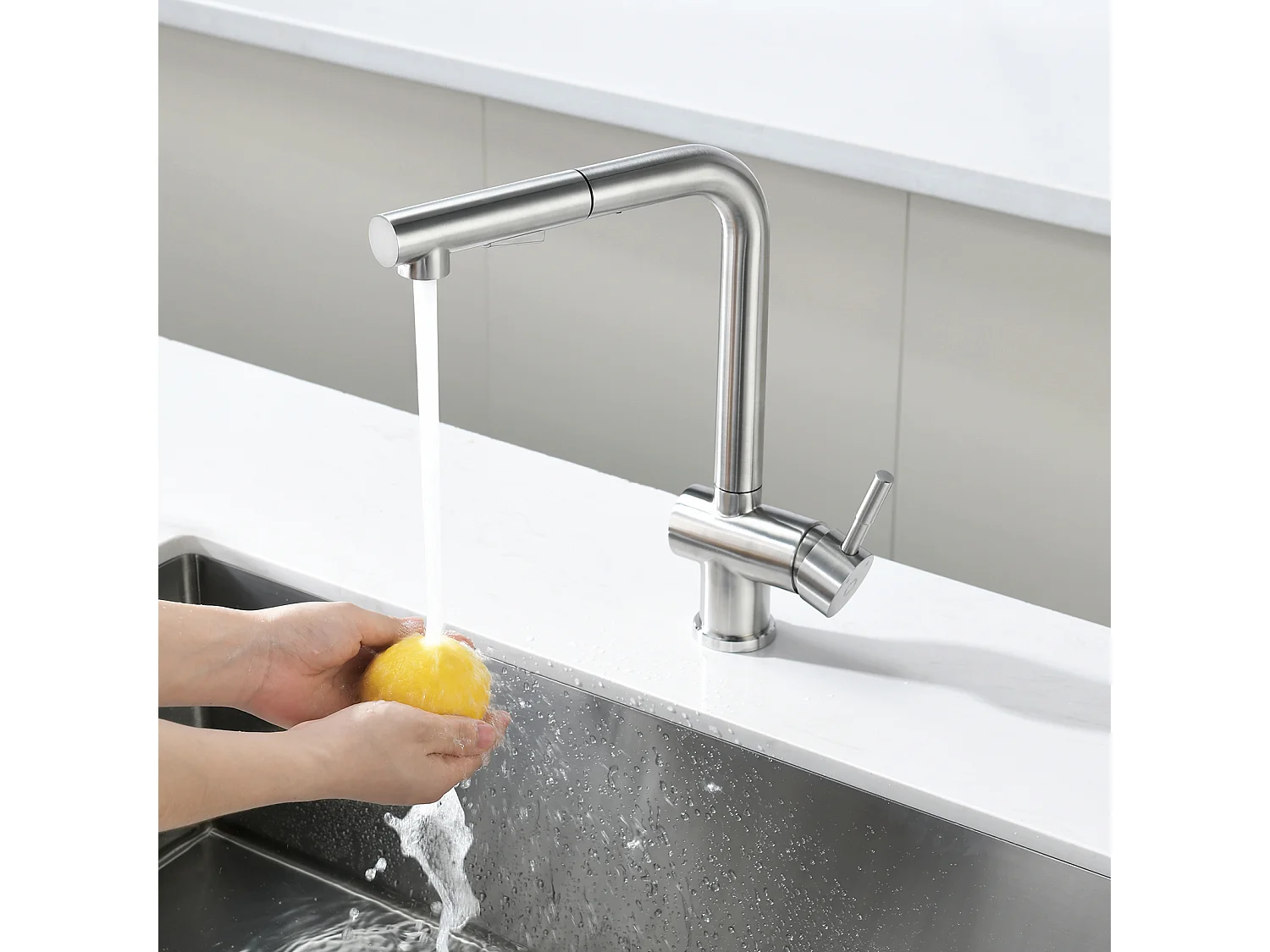 Cecipa max Évier 1 Bac 40 × 45 cm Évier Inox Brossé 1 Cuve + Robinet Cuisine Brossé avec Douchette Mitigeur Douchette d'évier Extractible à 2 Jets