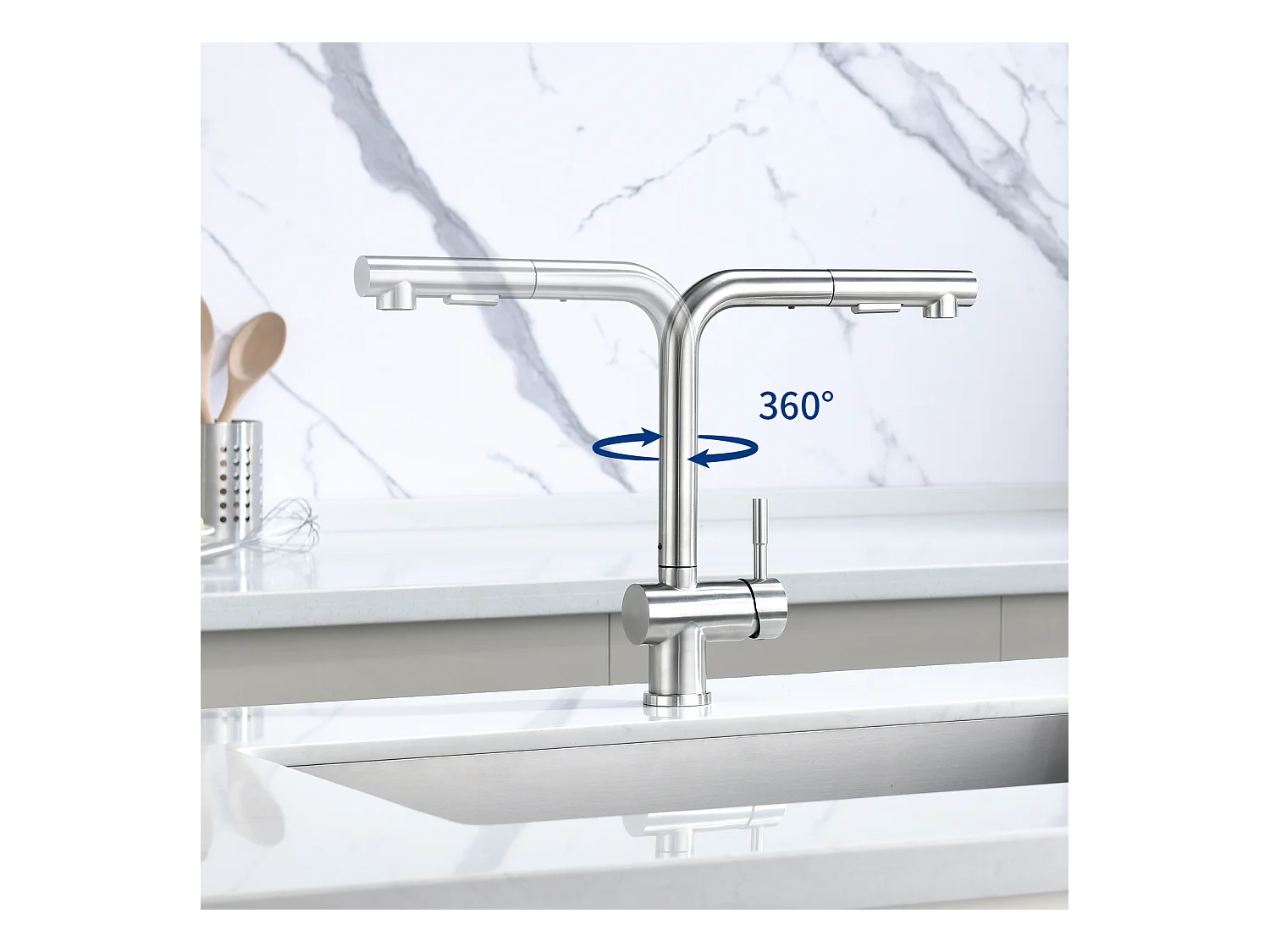 Cecipa max Évier 1 Bac 40 × 45 cm Évier Inox Brossé 1 Cuve + Robinet Cuisine Brossé avec Douchette Mitigeur Douchette d'évier Extractible à 2 Jets