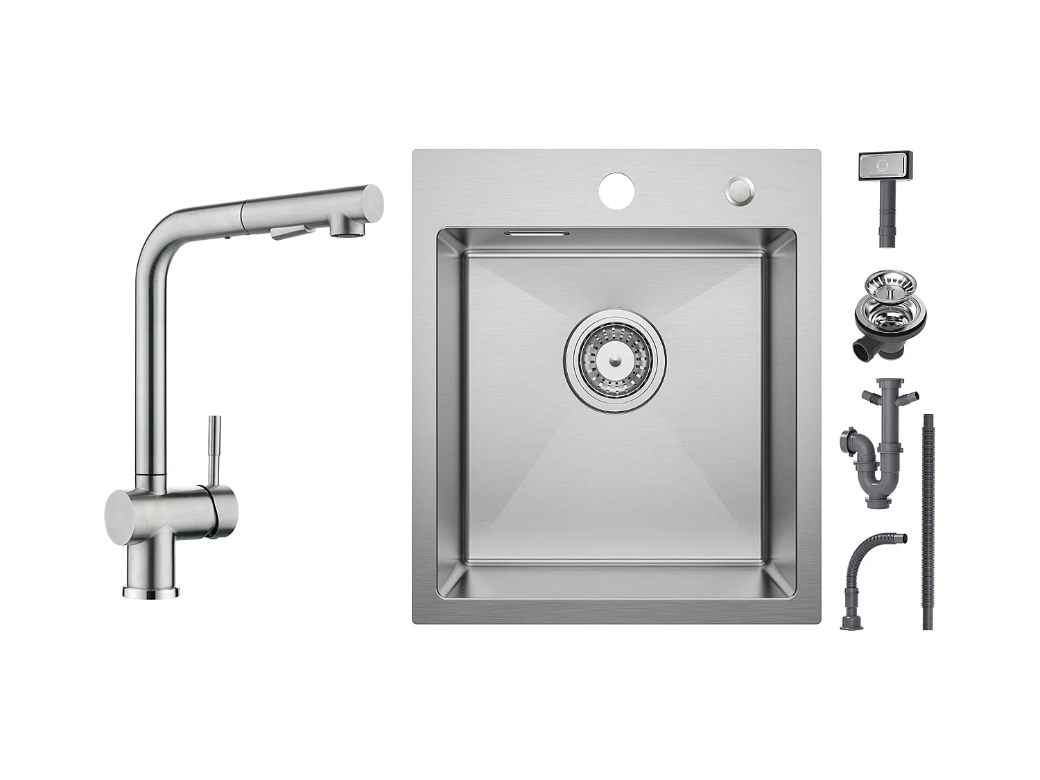 Cecipa max Évier 1 Bac 40 × 45 cm Évier Inox Brossé 1 Cuve + Robinet Cuisine Brossé avec Douchette Mitigeur Douchette d'évier Extractible à 2 Jets