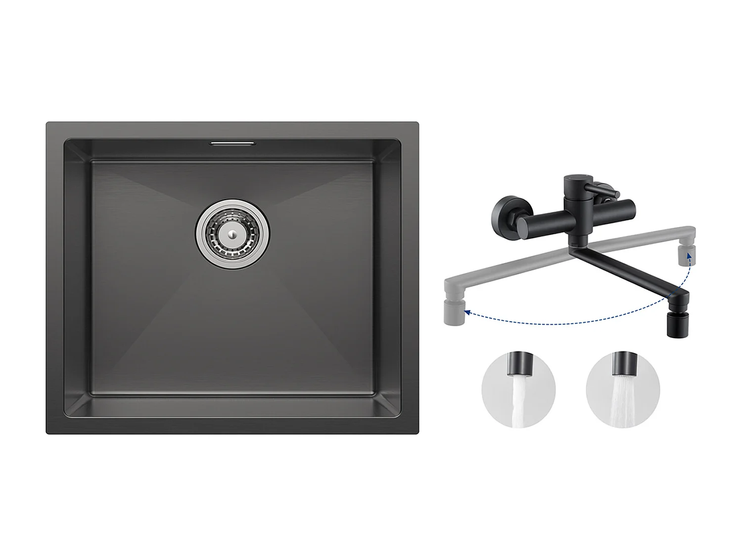 CECIPA MAX Évier de Cuisine 1 Bac Évier Inox 50*44CM Noir Anthracite + Mitigeur de Cuisine Mural avec 2 Jets Noir