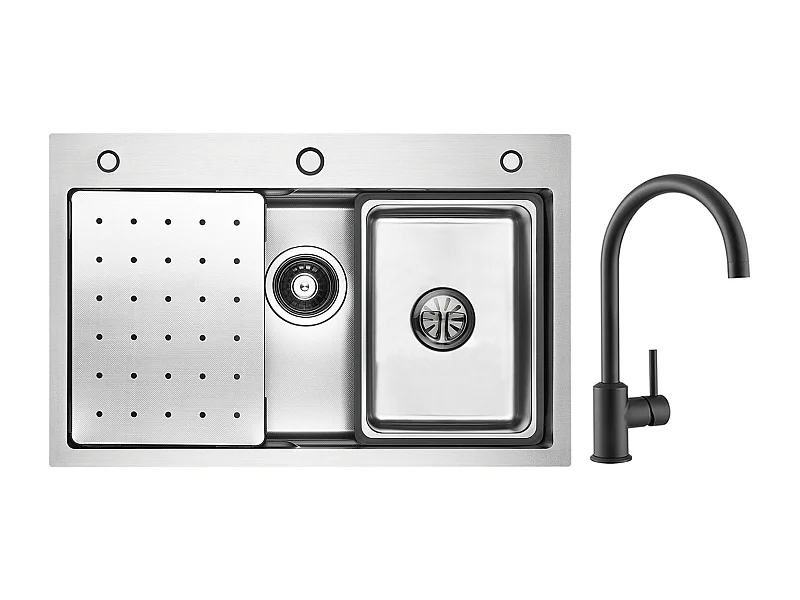Évier 1 Bac 70×45CM Évier Inox Argent avec Egouttoir,Vasque, Distributeur de Savon + Mitigeur de Cuisine en Inox Noir