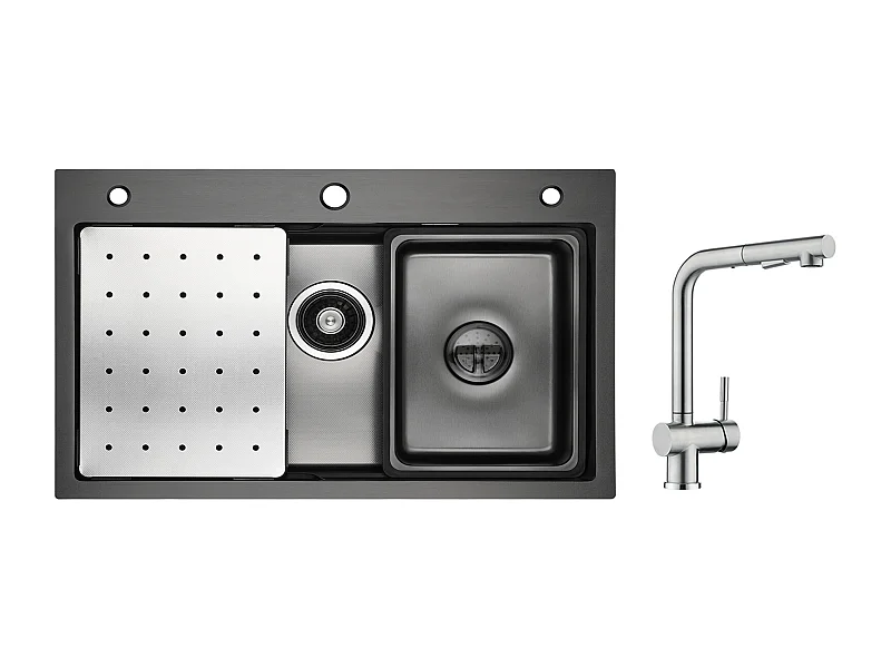 Cecipa max Évier 1 Bac 70×45 CM Noir avec Egouttoir, Vasque et Distributeur de Savon + Robinet Cuisine avec Douchette, Mitigeur Extractible Brossé