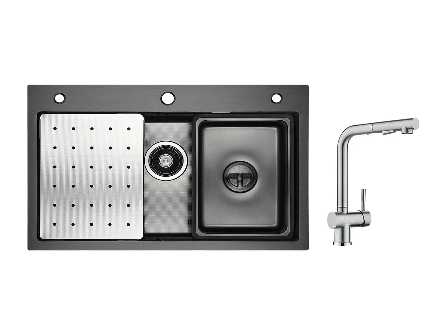 Cecipa max Évier 1 Bac 70×45 CM Noir avec Egouttoir, Vasque et Distributeur de Savon + Robinet Cuisine avec Douchette, Mitigeur Extractible Brossé