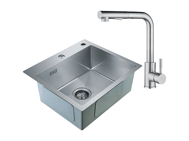 Cecipa max 2 in 1 1 bak RVS spoelbak 50 x 45 x 18,5 cm + Chroom uittrekbare RVS keukenkraan