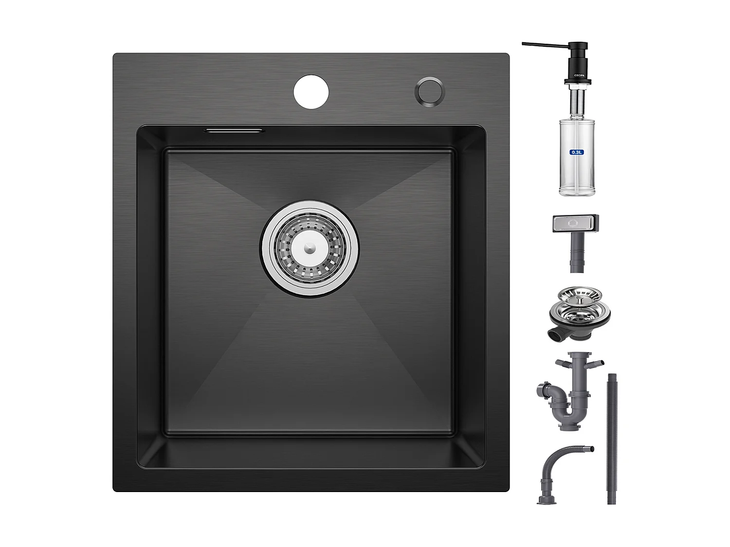 Cecipa max Evier Cuisine 1 Bac Noir 40*45*19CM - Évier Inox 1 Cuve + Distributeur de Savon de Cuisine Noir