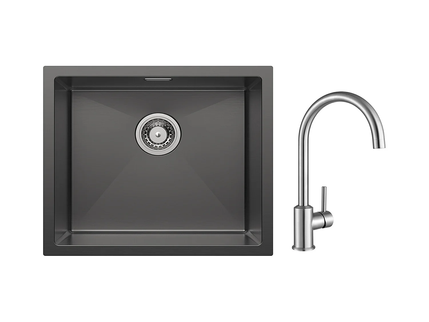 CECIPA MAX Fregadero de cocina 1 seno Fregadero de acero inoxidable 50*44CM Negro antracita + Mezclador de cocina de acero inoxidable cepillado