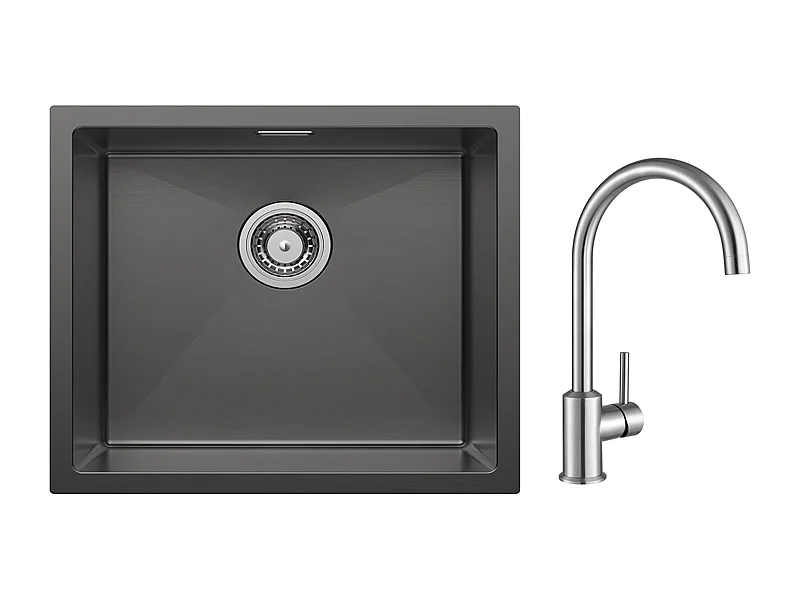 CECIPA MAX Évier de Cuisine 1 Bac Évier Inox 50*44CM Noir Anthracite + Mitigeur de Cuisine en Inox Brossé