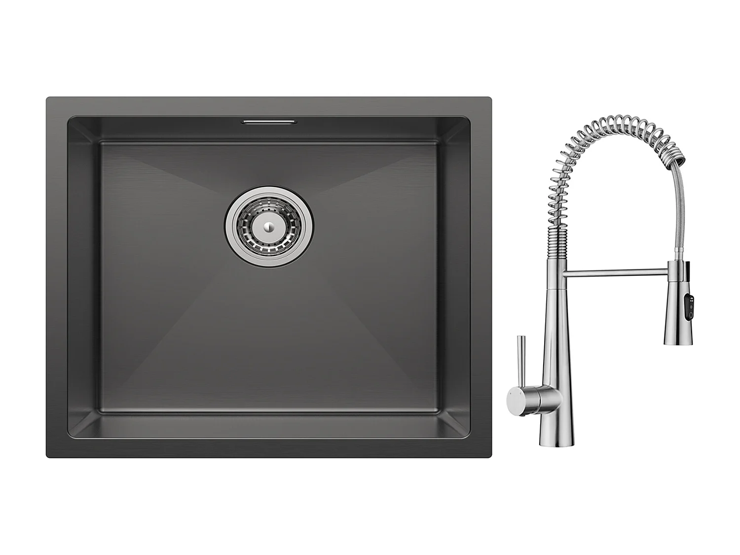 Cecipa max Einzelspüle 50*44cm Anthrazit Schwarz Edelstahl Küchenspüle + Spring Küchenmischbatterie mit 3 Wasserauslassmodi, Gebürstet