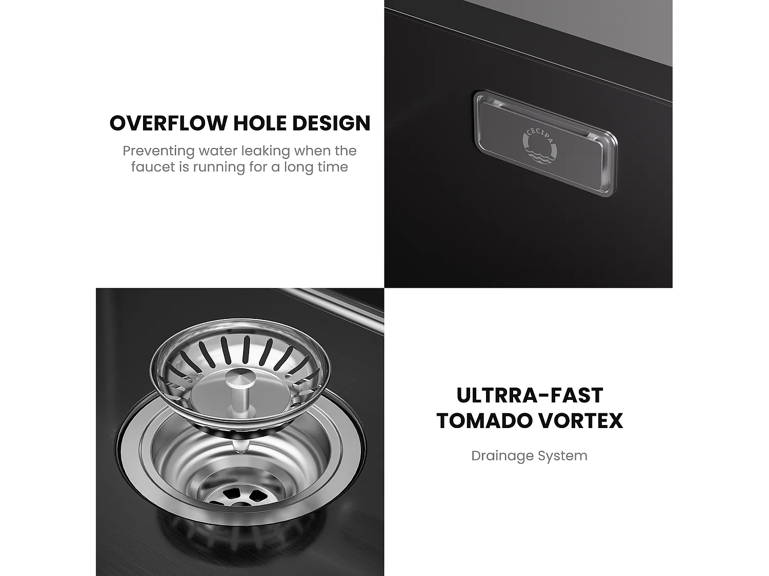 Cecipa max Einzelspüle 50*44cm Anthrazit Schwarz Edelstahl Küchenspüle + Spring Küchenmischbatterie mit 3 Wasserauslassmodi, Gebürstet