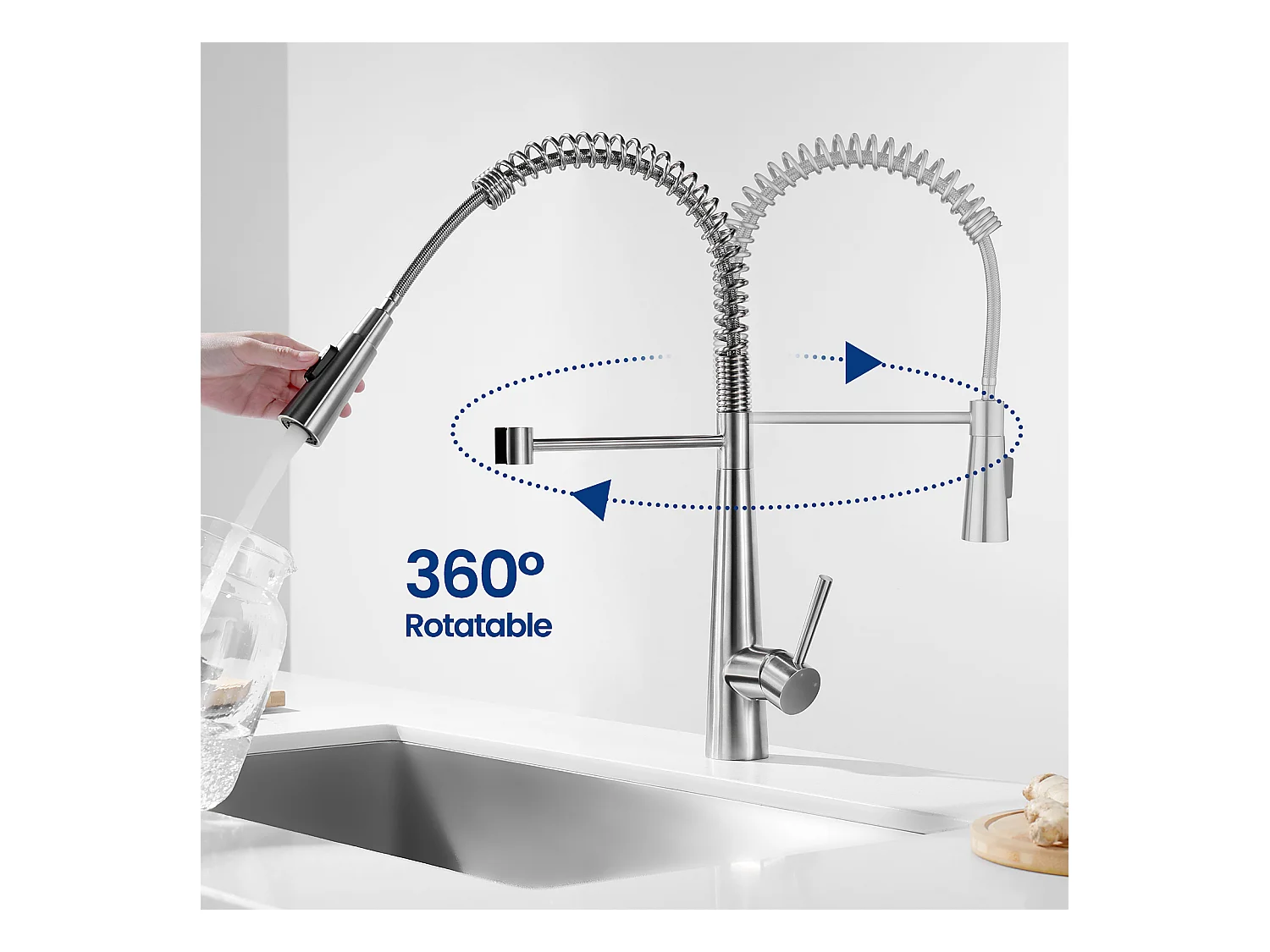 Cecipa max Einzelspüle 50*44cm Anthrazit Schwarz Edelstahl Küchenspüle + Spring Küchenmischbatterie mit 3 Wasserauslassmodi, Gebürstet