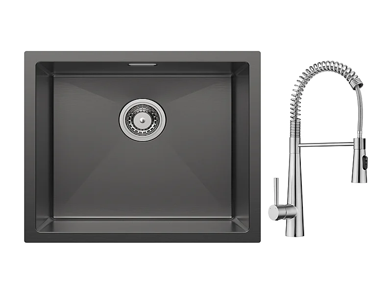 Cecipa max Évier 1 Bac 50*44cm Évier de Cuisine en Inox Noir Anthracite + Mitigeur de Cuisine à Ressort avec 3 Modes de Sortie D'eau, Brossé