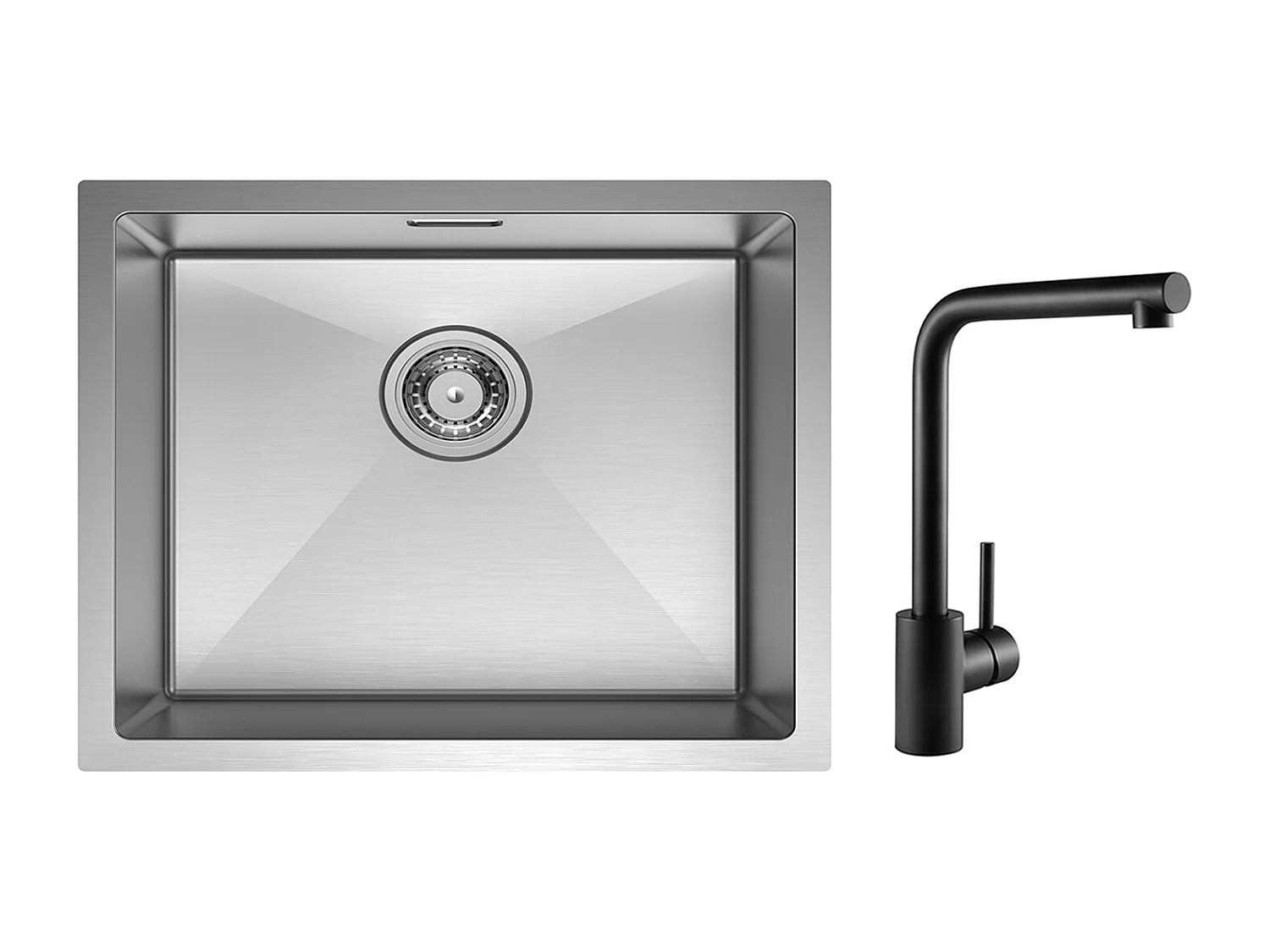 CECIPA MAX Fregadero de Cocina Fregadero de Acero Inoxidable Cepillado de 1 Seno 50 * 44 CM + Mezclador de Fregadero Negro Giratorio de 360 °