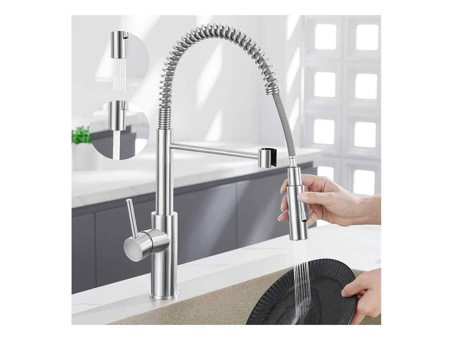 Cecipa max Évier de Cuisine 1 Bac 40 × 45 cm Évier Inox Évier Encastré  Brossé + Mitigeur de Cuisine à Ressort Brossé avec Douchette Extractible