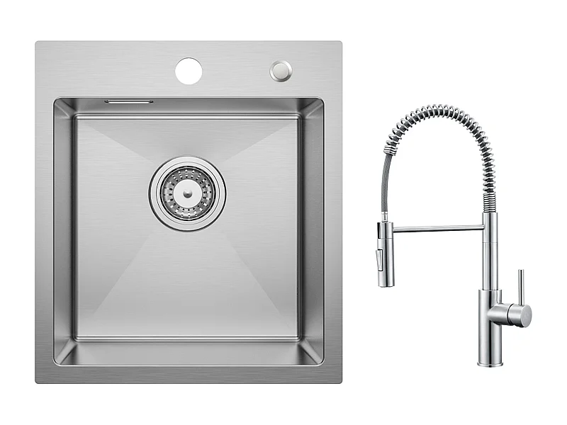 Cecipa max Évier de Cuisine 1 Bac 40 × 45 cm Évier Inox Évier Encastré  Brossé + Mitigeur de Cuisine à Ressort Brossé avec Douchette Extractible