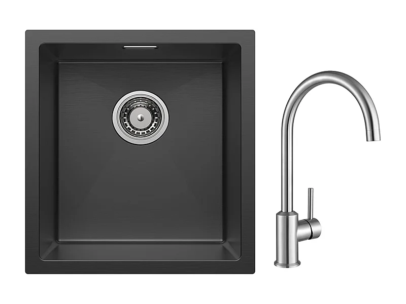 CECIPA MAX Fregadero de acero inoxidable 40*44*19 cm Fregadero de 1 seno Fregadero de cocina negro + Mezclador de cocina de acero inoxidable cepillado