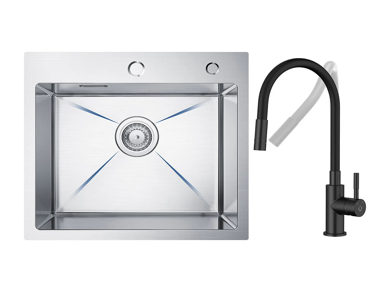 Edelstahlspüle Küchenspüle 1 Becken 50 × 45 cm Gebürstete Küchenspüle + Flexible Küchenmischbatterie, 2 Düsenarten Schwarzer ausziehbarer Wasserhahn