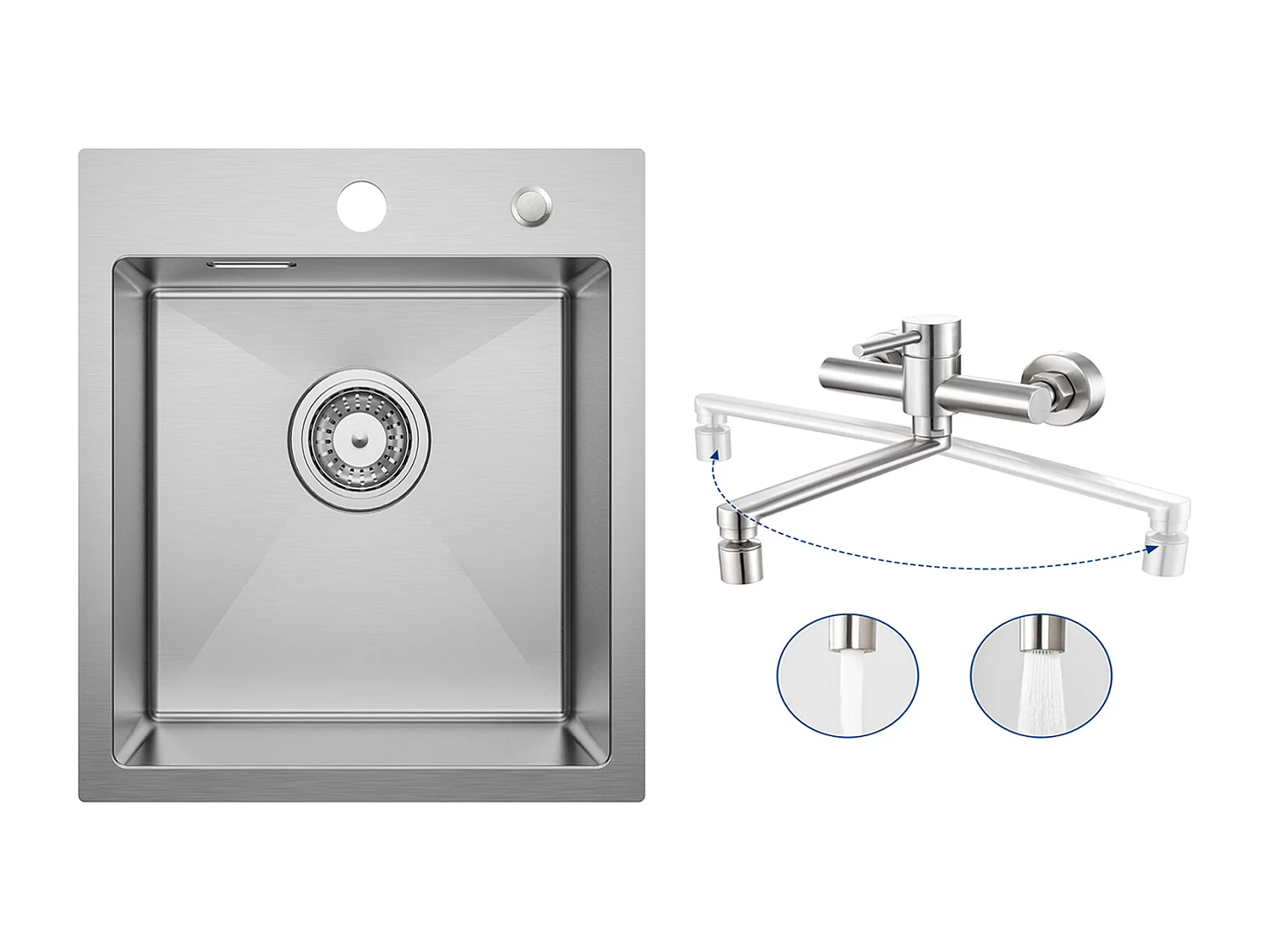 Cecipa MAX Évier Cuisine 1 Bac 40 × 45 cm Évier Inox Brossé + Mitigeur de Cuisine Mural avec 2 Jets Brossé