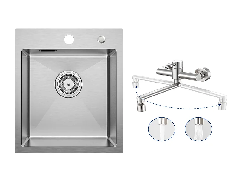 Fregadero de cocina Cecipa MAX 1 seno 40 × 45 cm Fregadero de acero inoxidable cepillado + Mezclador de cocina de pared con 2 chorros cepillados