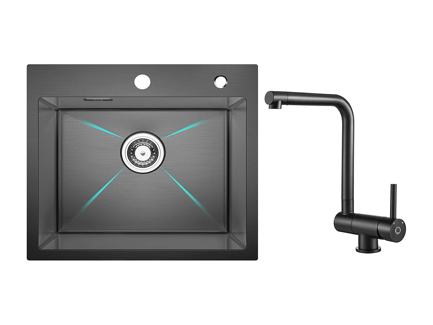 Fregadero de cocina Cecipa MAX 1 seno 50×45×18,5 CM Fregadero de acero inoxidable negro + Mezclador de cocina plegable negro