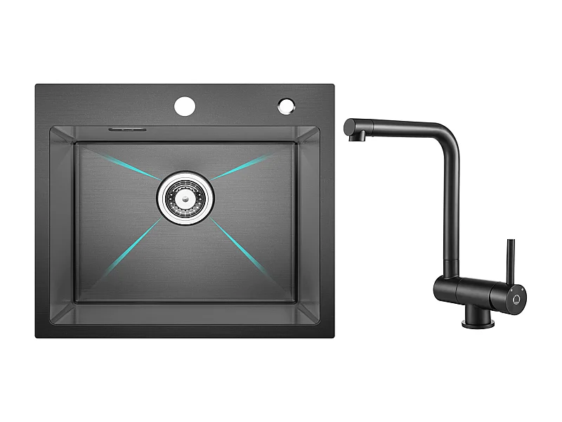 Cecipa MAX Évier Cuisine 1 Bac 50×45×18.5CM Évier Inox Noir + Mitigeur de Cuisine Rabattable Noir