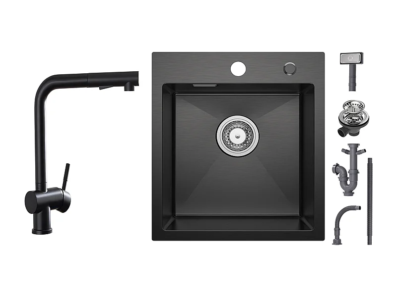 Cecipa max Fregadero 1 Seno Negro 40*45*19CM - Fregadero de Acero Inoxidable 1 Seno + Grifería de Cocina con Ducha Extraíble, Mezclador Fregadero 2 Modos de Ducha