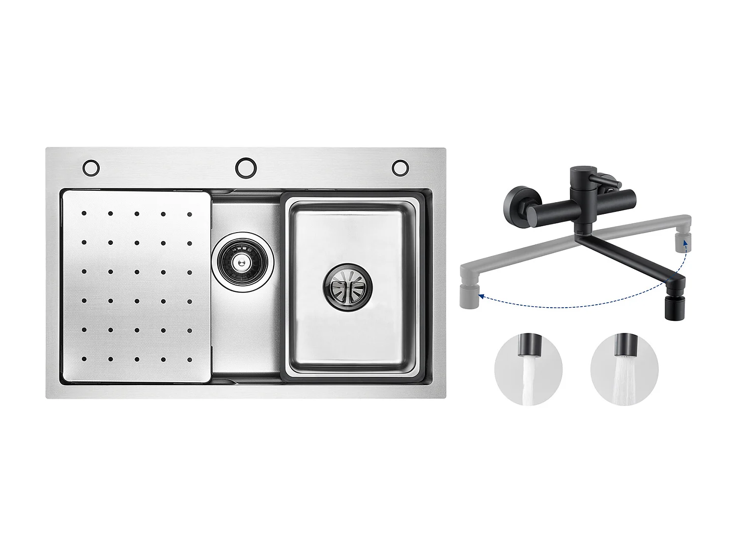 Évier 1 Bac 70×45×21.5CM Évier Inox Argent avec Egouttoir,Vasque, Distributeur de Savon + Mitigeur de Cuisine Mural avec 2 Jets Noir