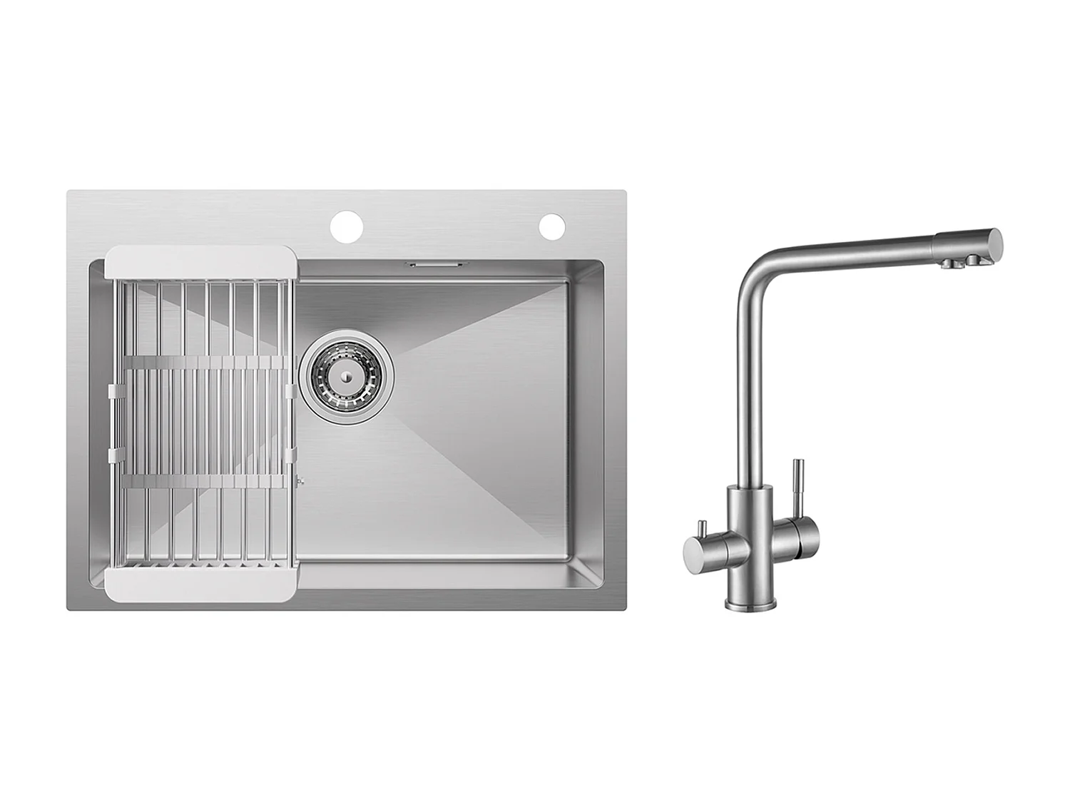 Évier Cuisine 1 Bac 60×45×18CM Évier Inox Brossé avec Panier de Drainage + Mitigeur Cuisine pour Sstème D'osmose