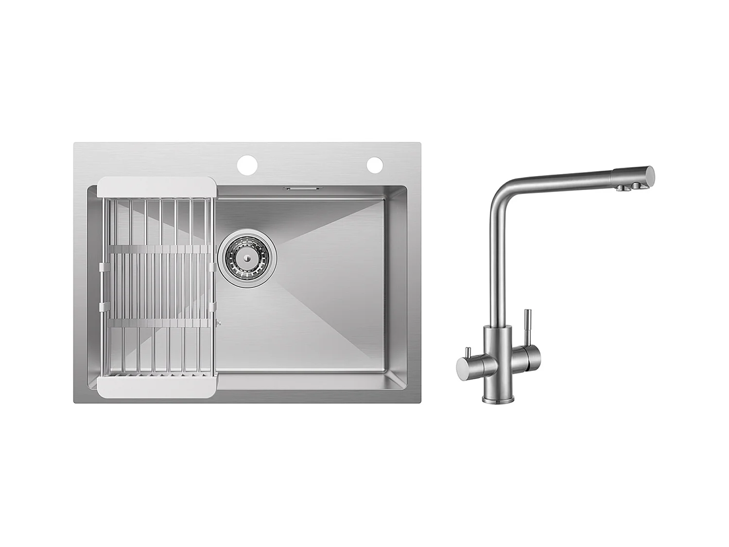 Évier Cuisine 1 Bac 60×45×18CM Évier Inox Brossé avec Panier de Drainage + Mitigeur Cuisine pour Sstème D'osmose