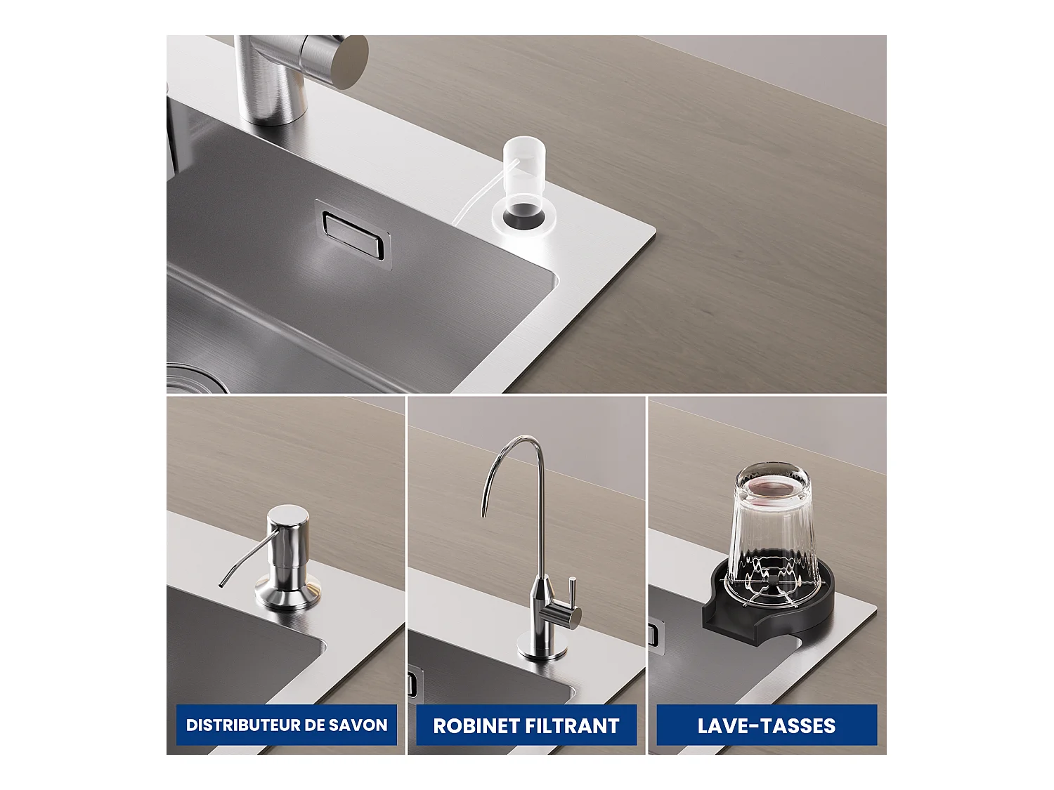 Aanrecht 1 Kom 60×45×18CM Geborsteld RVS Spoelbak met Afvoermand + Keukenmengkraan voor Osmosesysteem