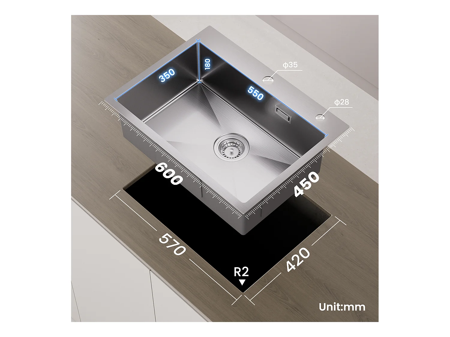 Aanrecht 1 Kom 60×45×18CM Geborsteld RVS Spoelbak met Afvoermand + Keukenmengkraan voor Osmosesysteem